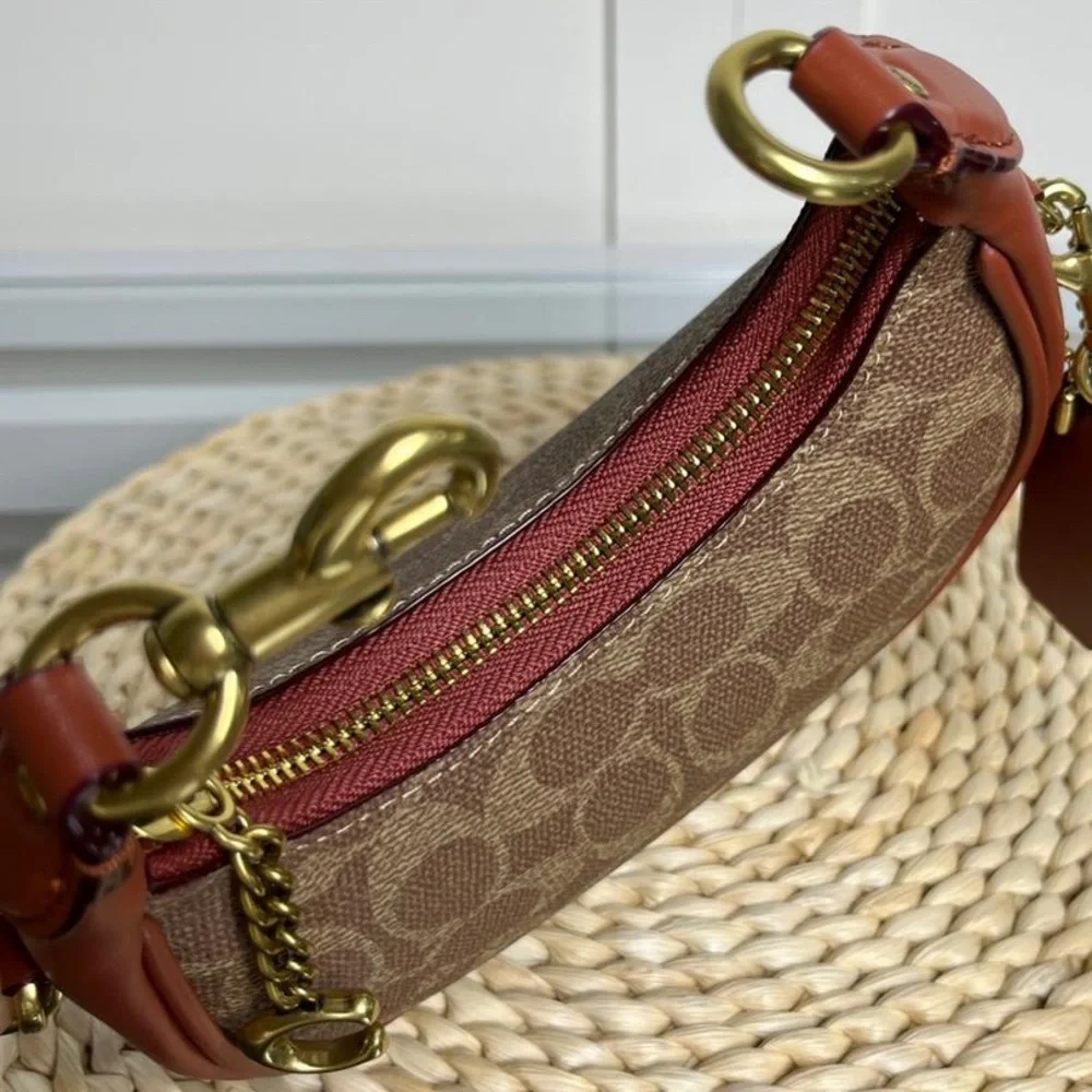 Coach Brown Signature Crescent Shoulder Bag with Rust Trim